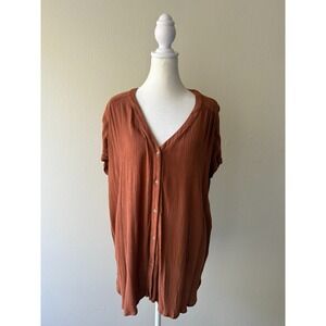 Orvis‎ XL Women's Rayon Blouse Brown Button Down V-Neck Short Sleeve Relaxed Fit